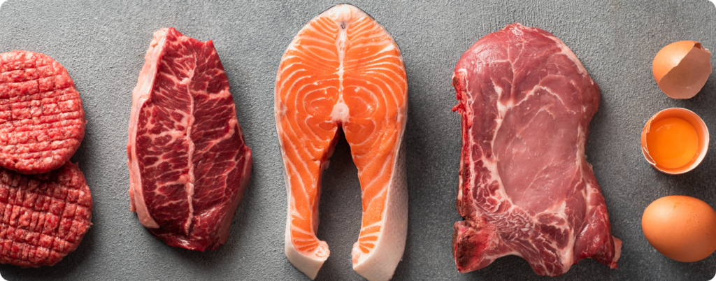 Cuts of steak and salmon from above 