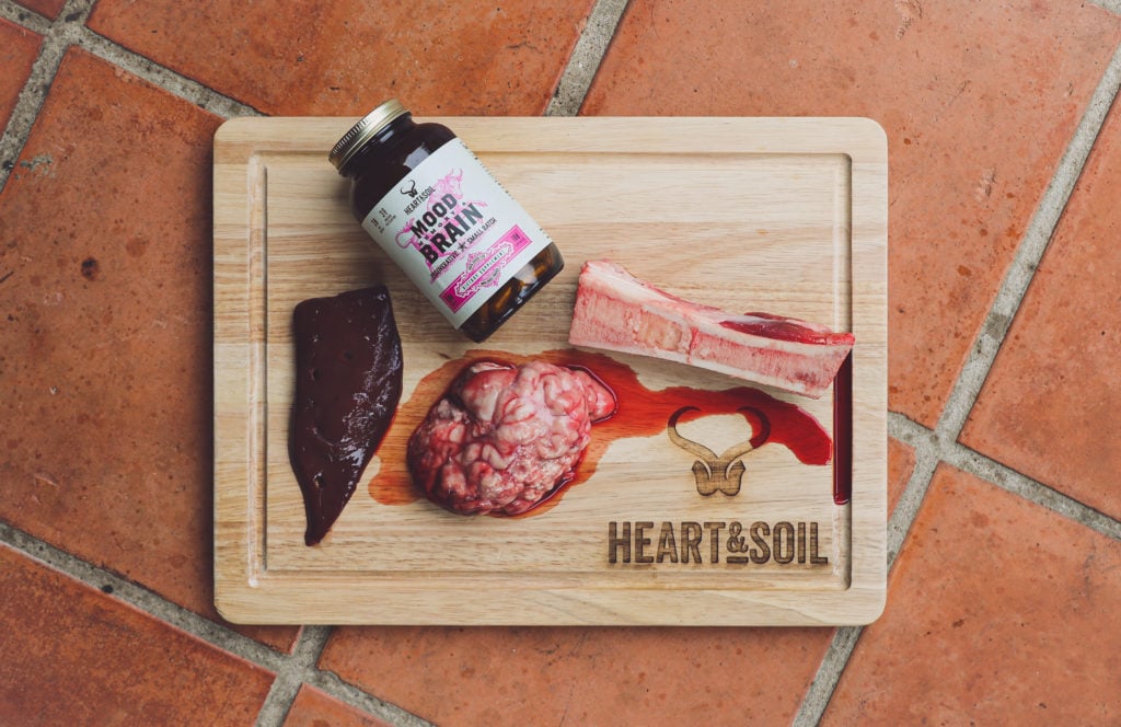 Mood, Memory & Brain with the ingredients of liver, brain, and bone marrow on a cutting board. 