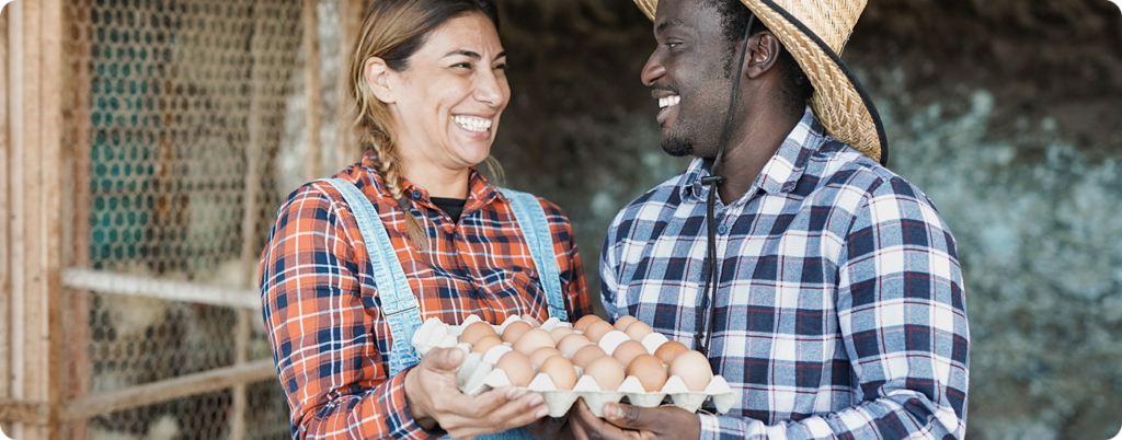 A farmer exchanges fresh eggs with another person