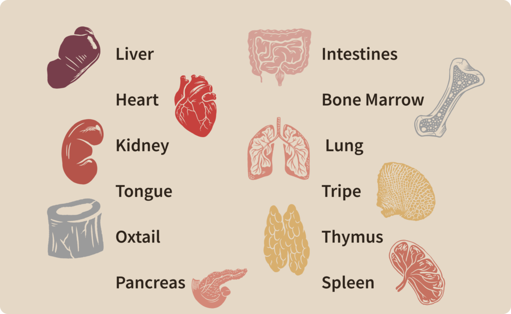 A list of different organ meats