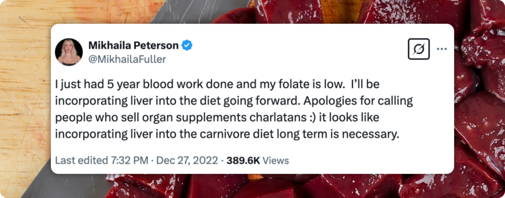 A tweet from Mikhaila Peterson about organ meats