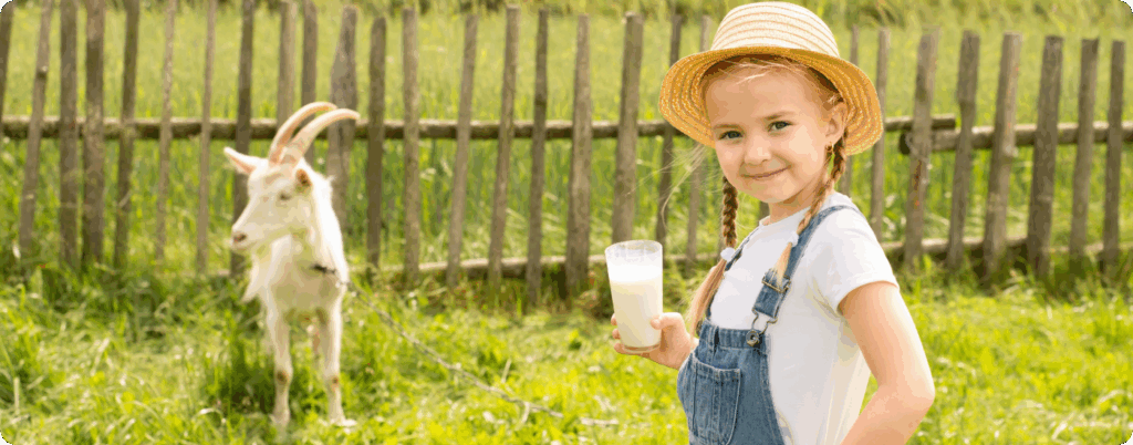 A young girl drinking goat milk 