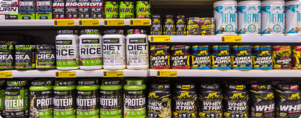 The protein powder aisle at a store