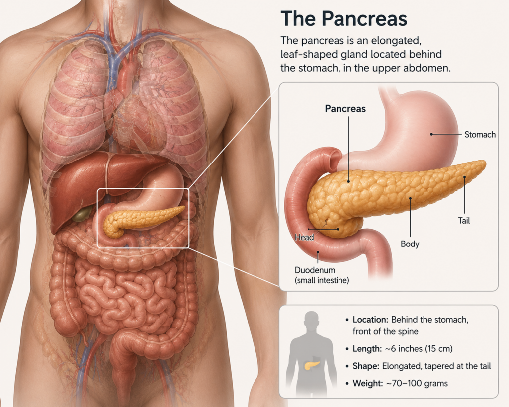 the pancreas is a gland behind the stomach 