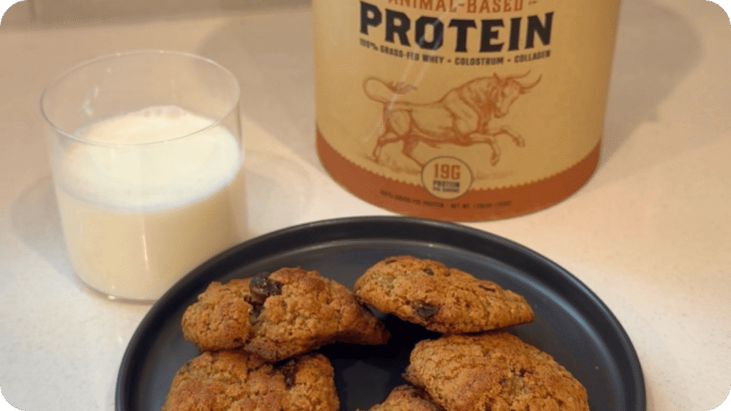 plate of protein cookies with glass of milk and Heart & Soil Animal Based Protein