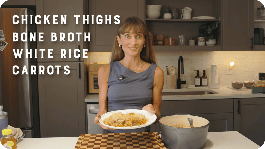 this bone broth chicken recipe calls for only 4 ingredients: chicken thighs, bone broth, white rice, and carrots